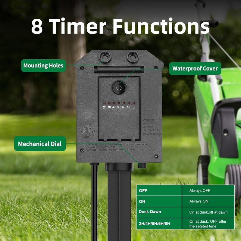 Flexoria Outdoor Power Stake Timer, Remote Control Dusk to Dawn Light Timer, 60FT Extension Cord Waterproof, 6 Grounded Outlets for Outdoor Christmas Decorations, ETL Listed - Image 3